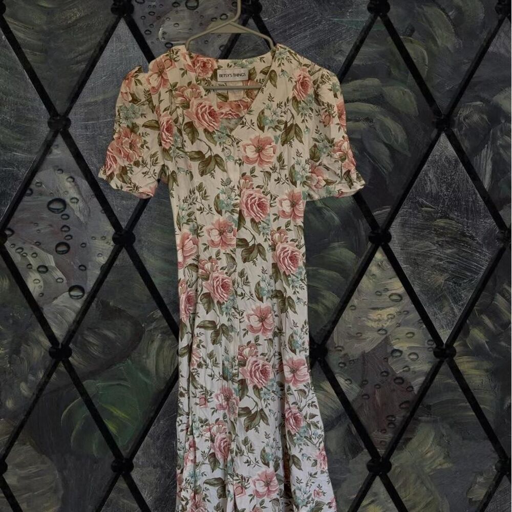 Vintage Betsy's Things Cream Floral Maxi Button Up Dress